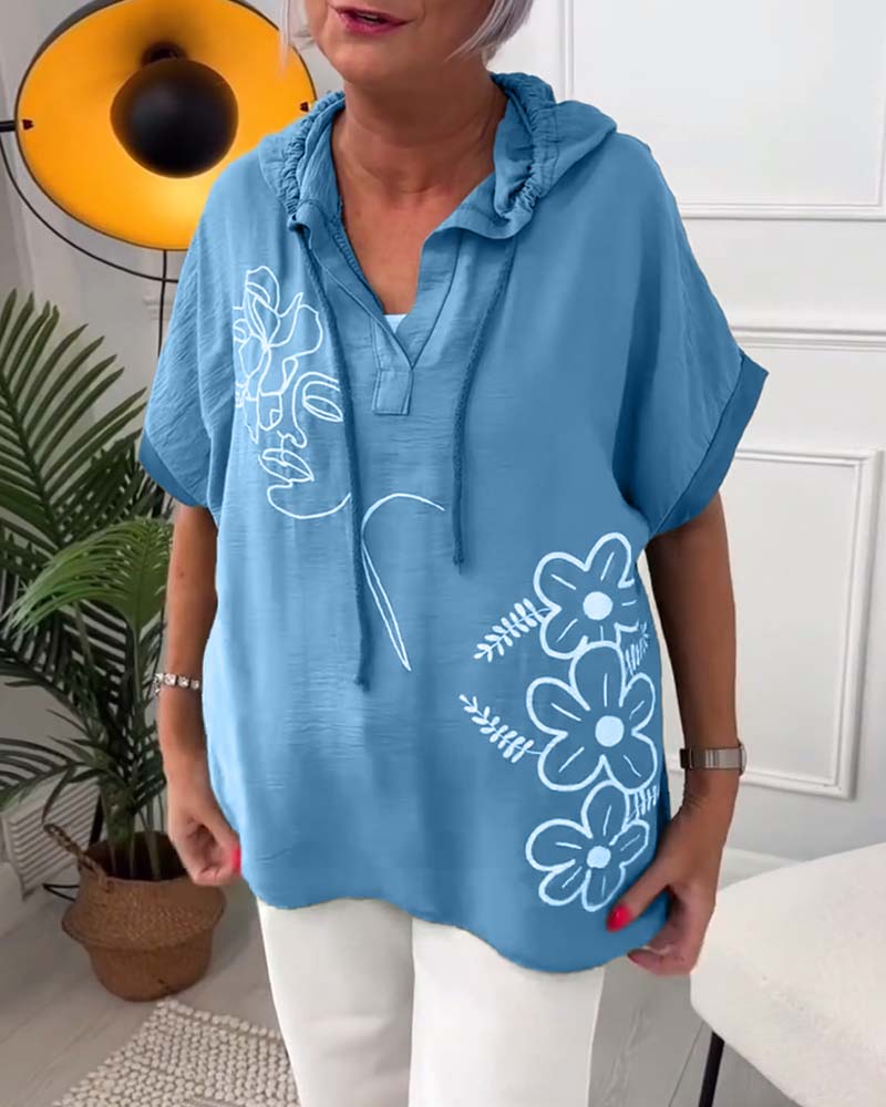 Blouse décontractée à capuche et manches courtes à imprimé floral