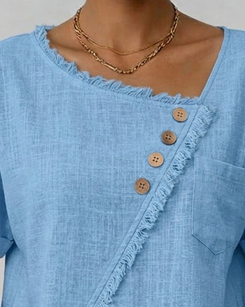 Blouse Bord Brut Coupe Bias Bouton Manches Courtes