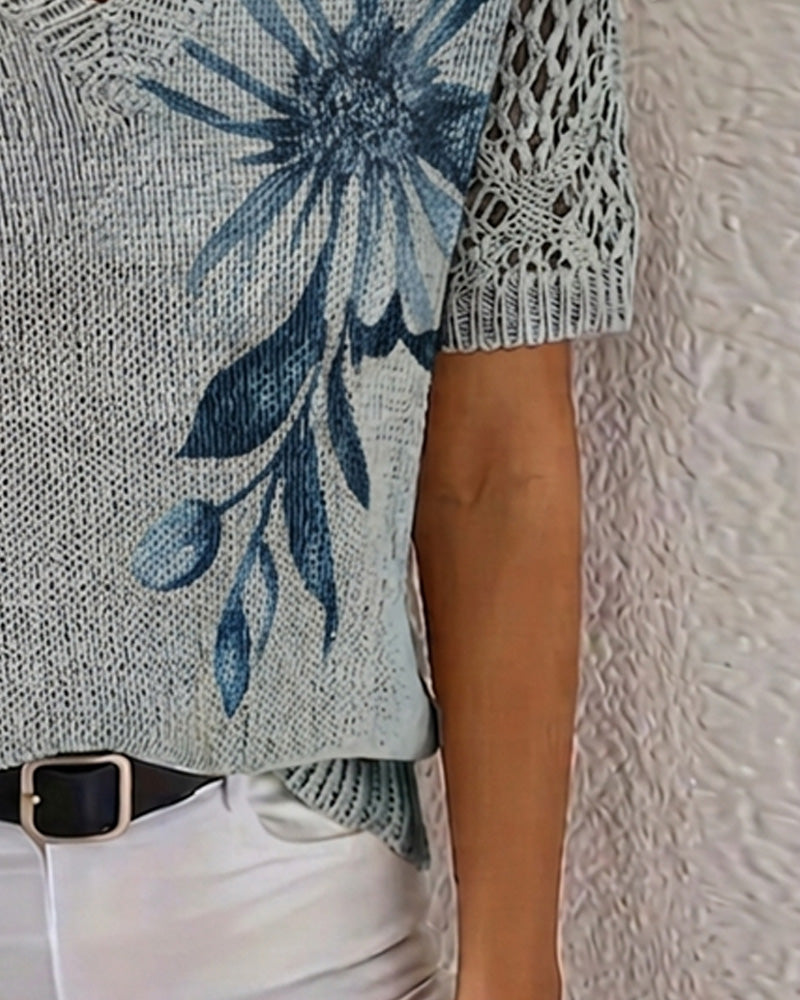 Pull-Over Col En V Tricoté Fleuri