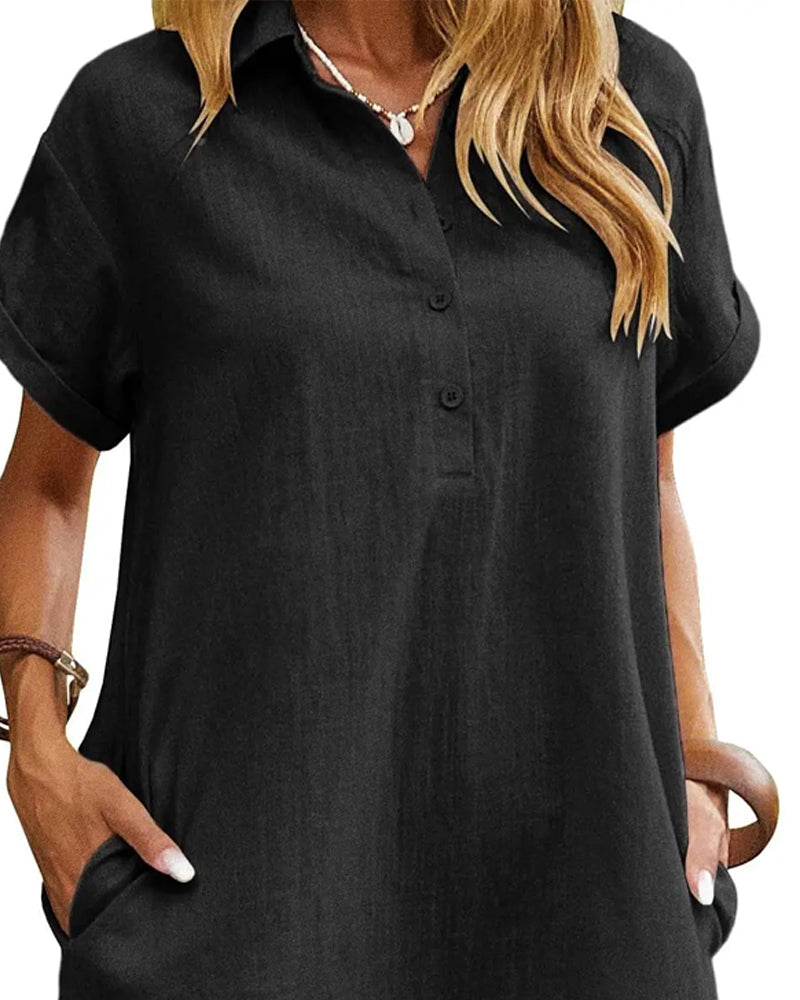 Robe Col Bouton Fente Manches Courtes Décontractée