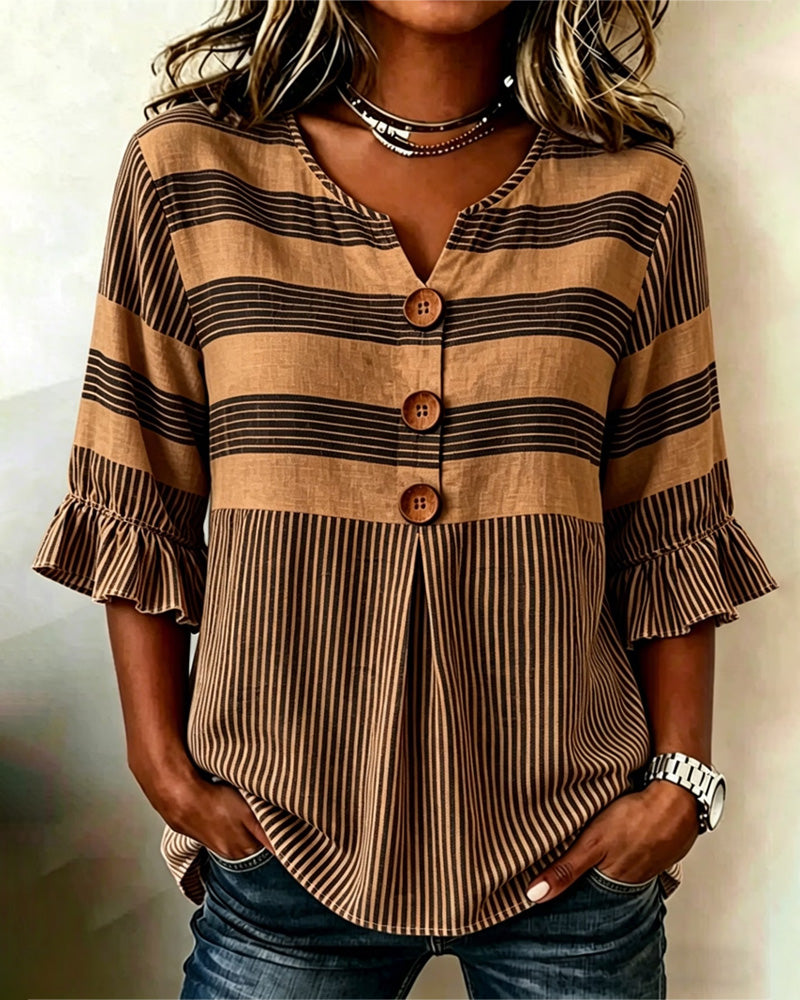 Blouse Col En V Volant Rayé Patchwork