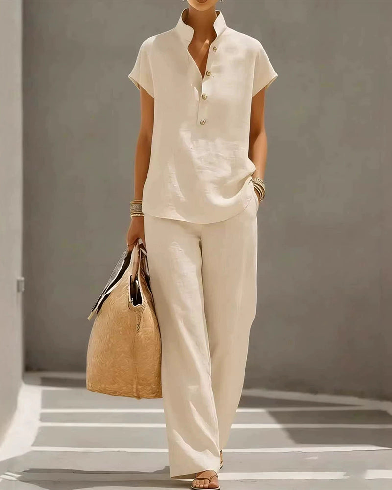 Ensemble Col Montant Bouton Manches Courtes Et Pantalon Long