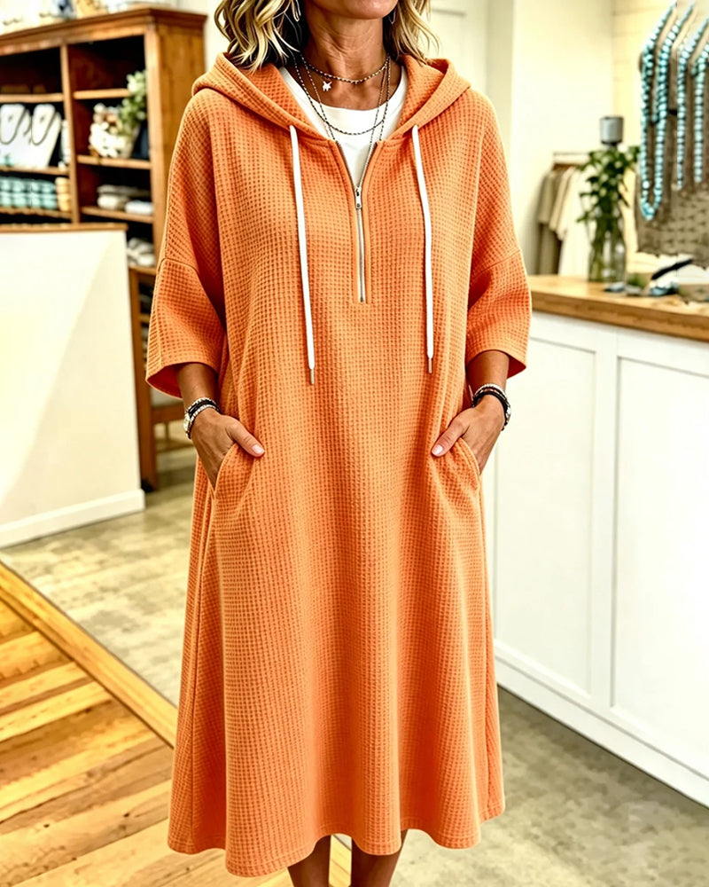 Robe Fermeture Éclair Gaufrier Capuche Manche-Trois-Quarts