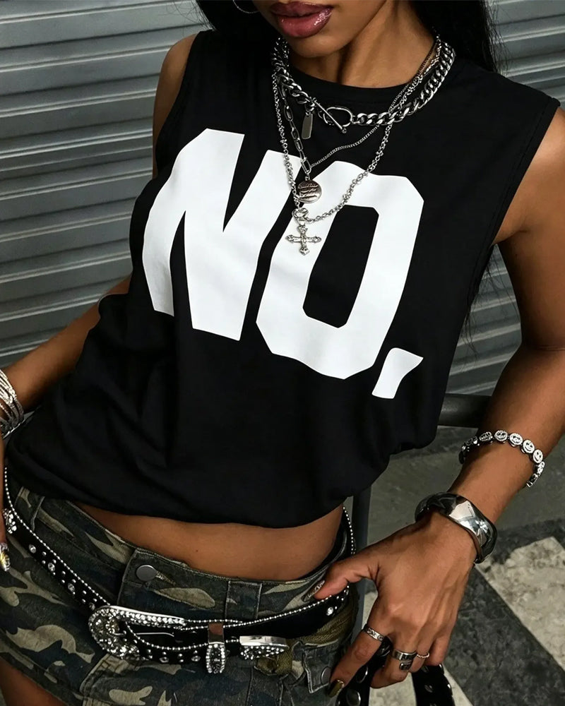 T-Shirt Col Rond Sans Manches Lettre Unie