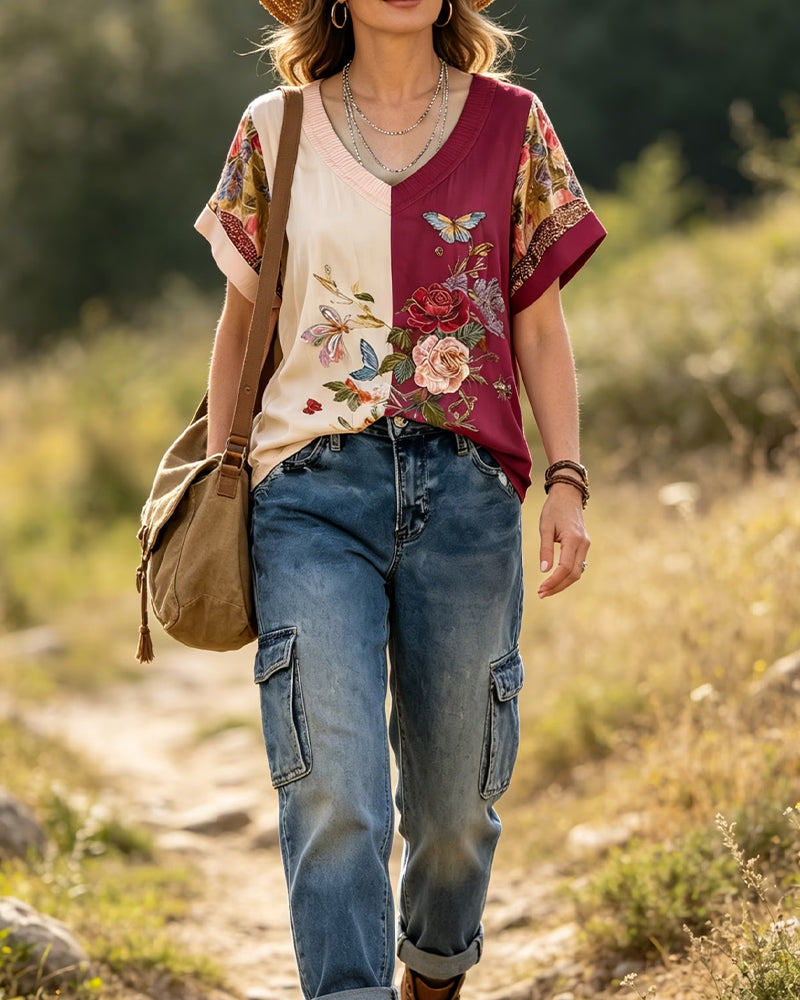 Blouse Col V Asymétrique Patchwork Floral