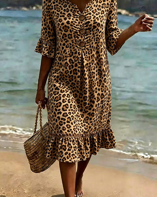 Robe Imprimé Léopard Col V Volantée
