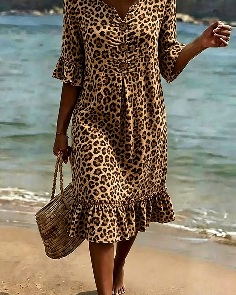 Robe Imprimé Léopard Col V Volantée