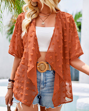 Pardessus fin à manches mi-longues en jacquard de couleur unie