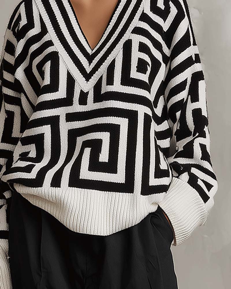 Pulls Motif Géométrique Col En V Tricotés