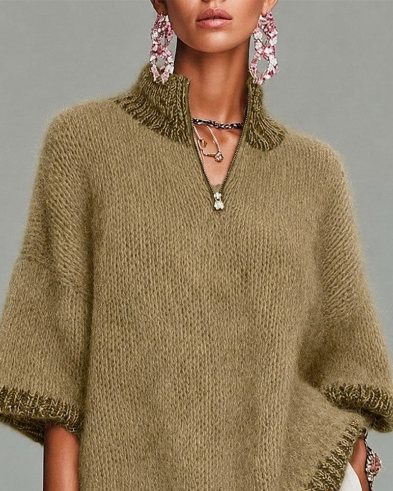 Pull Demi-Zip Contrastant Manches Trois-Quarts
