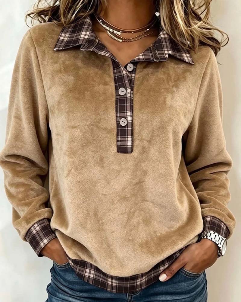 Sweat Col Rabattu Bouton À Carreaux Patchwork