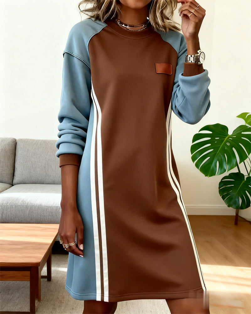 Robe Manches Longues Panachage Col Rond Droit