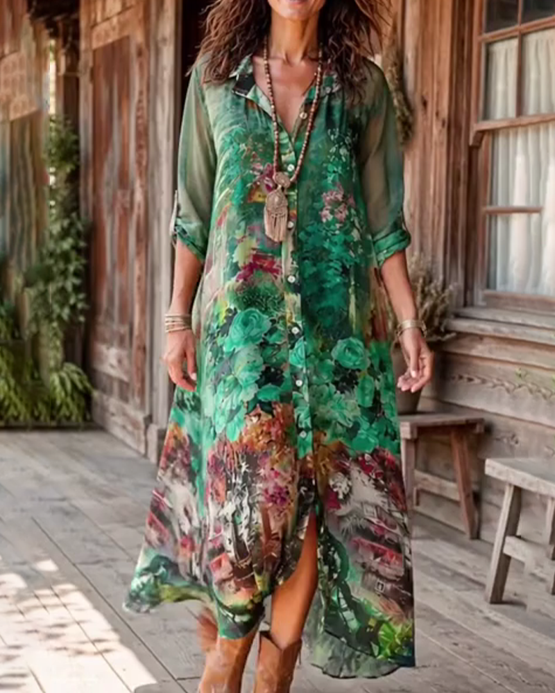 Robe Col Chemise Fente Florale