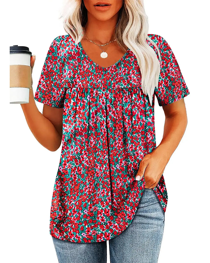 Blouse Fleurie Col V Manches Courtes