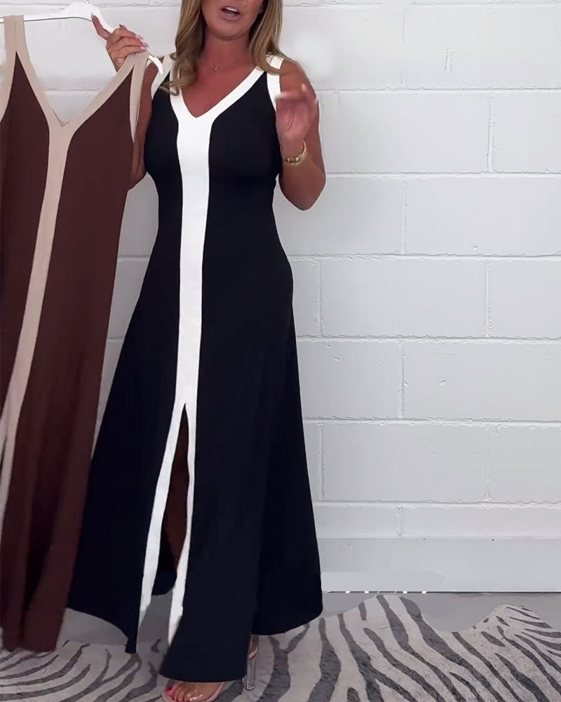 Robe fendue sans manches bloc de couleur