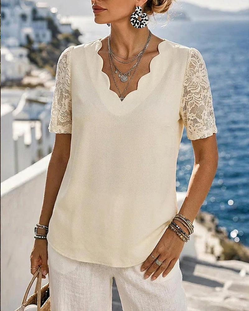 Blouse Col V Dentelle Patchwork Uni