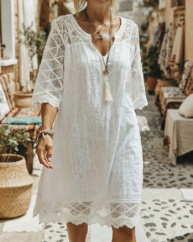 Robe Col V Dentelle Patchwork Décontractée