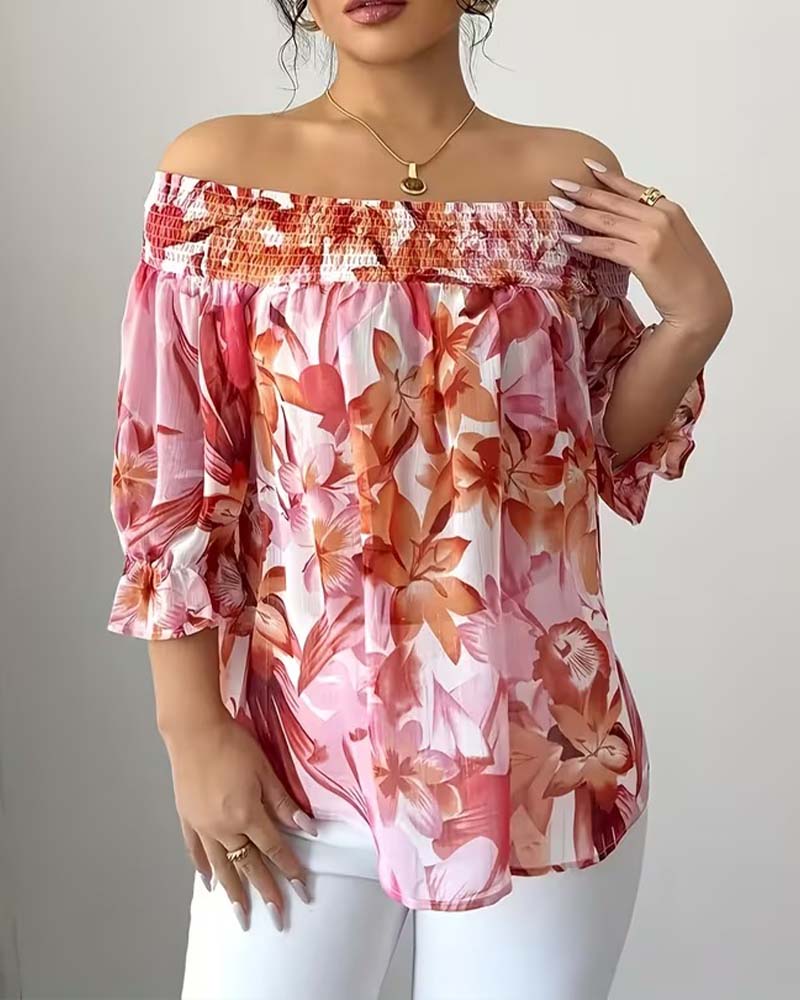 Blouse Off-Épaule Imprimé Manche Bouffante