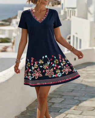 Robe Col V Impression Positionnée A Ligne