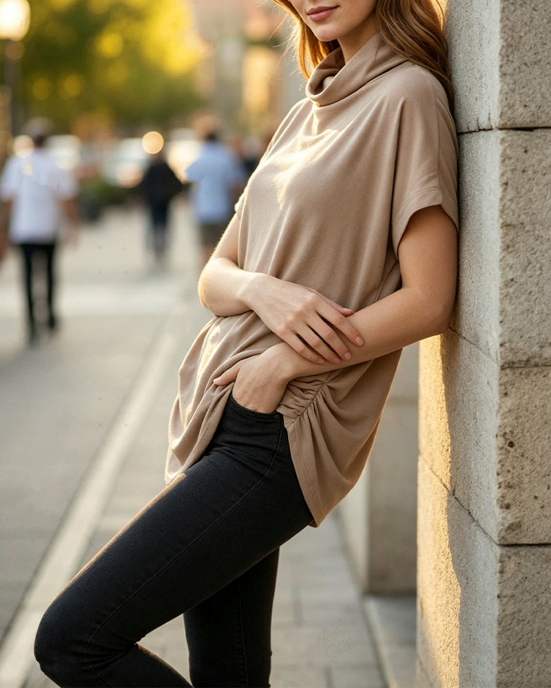 Blouse Col Mock Manches Courtes Côté Froncé
