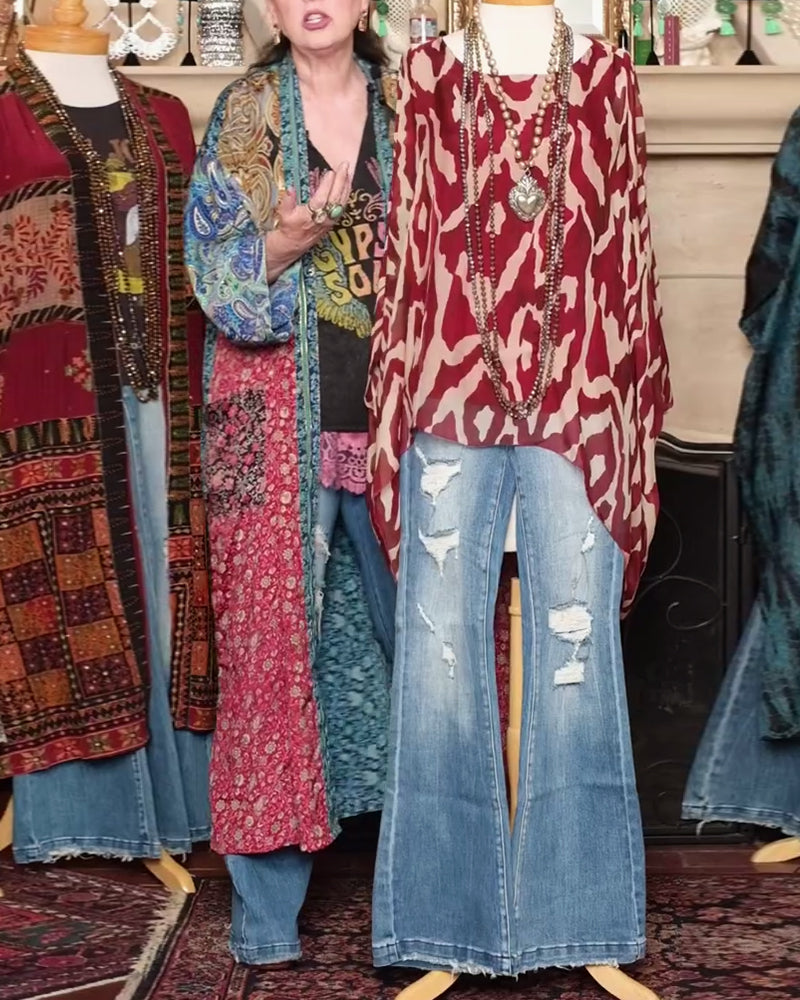 Blouse Manches Chauve-Souris Imprimé Manches Longues