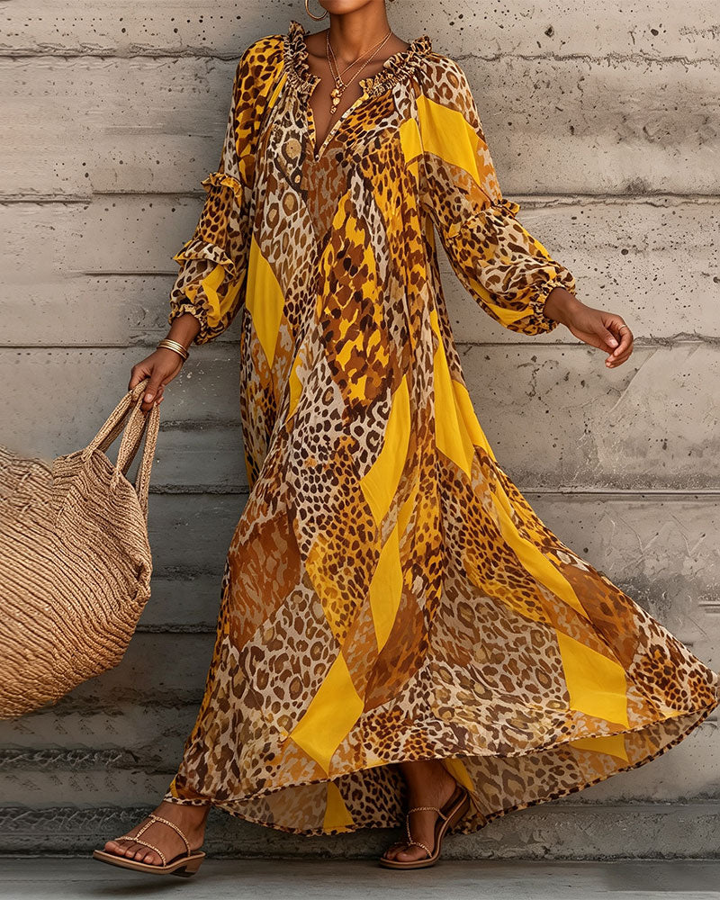 Robe Léopard Bloc De Couleur Volant Col En V
