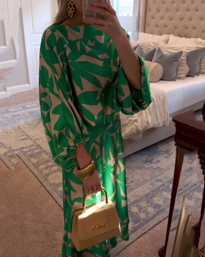 Ensemble Robe Décontractée Imprimé Manches Lanterne Tempérament