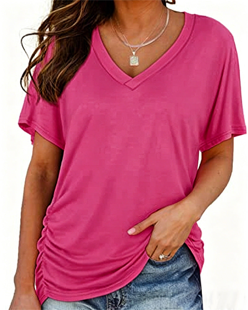 T-Shirt Plissé Uni Col En V