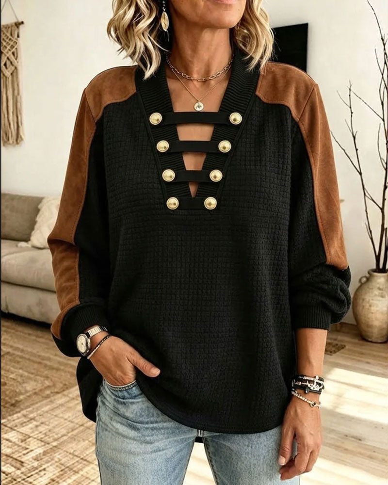 Top Col En V Bouton Bloc De Couleur