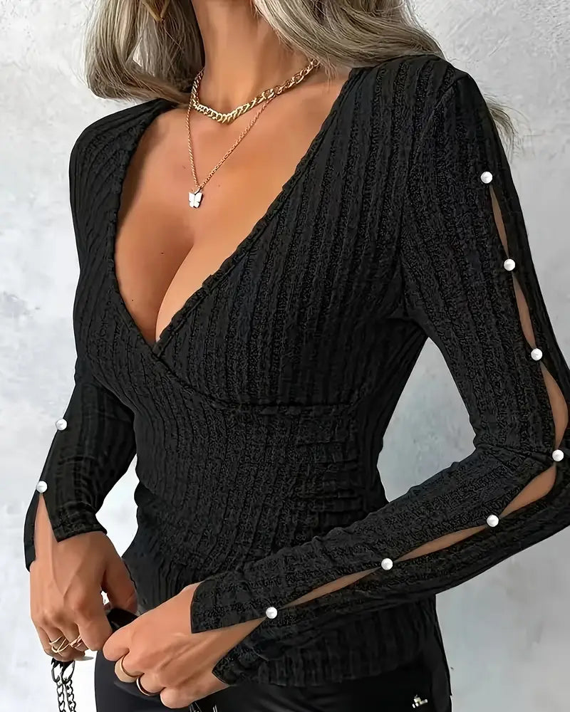 Haut Tricoté En V Sexy Manche Perlé