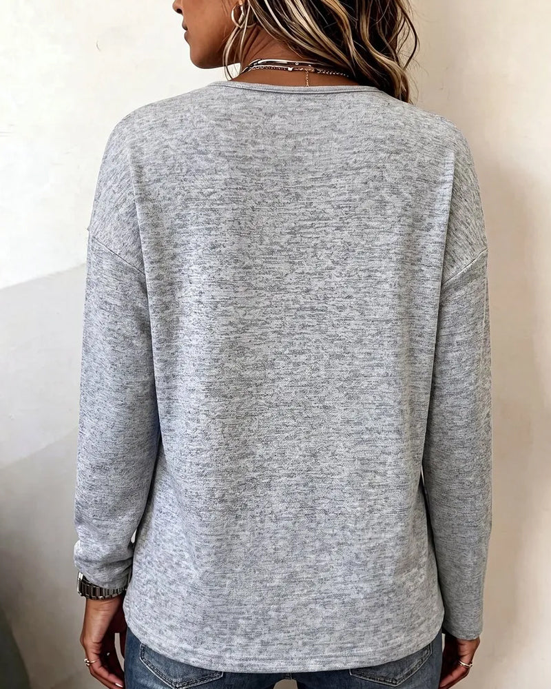 Sweatshirt Col En V Bouton Drapé Coupe Loose
