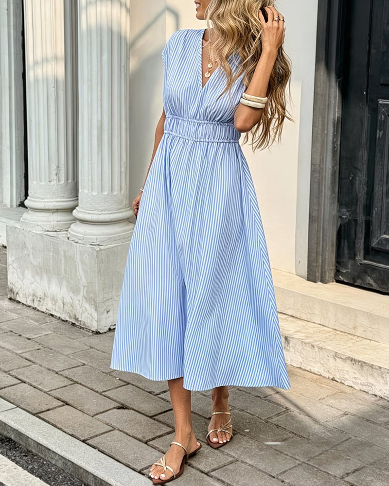Robe Col En V Rayée Taille Cintrée