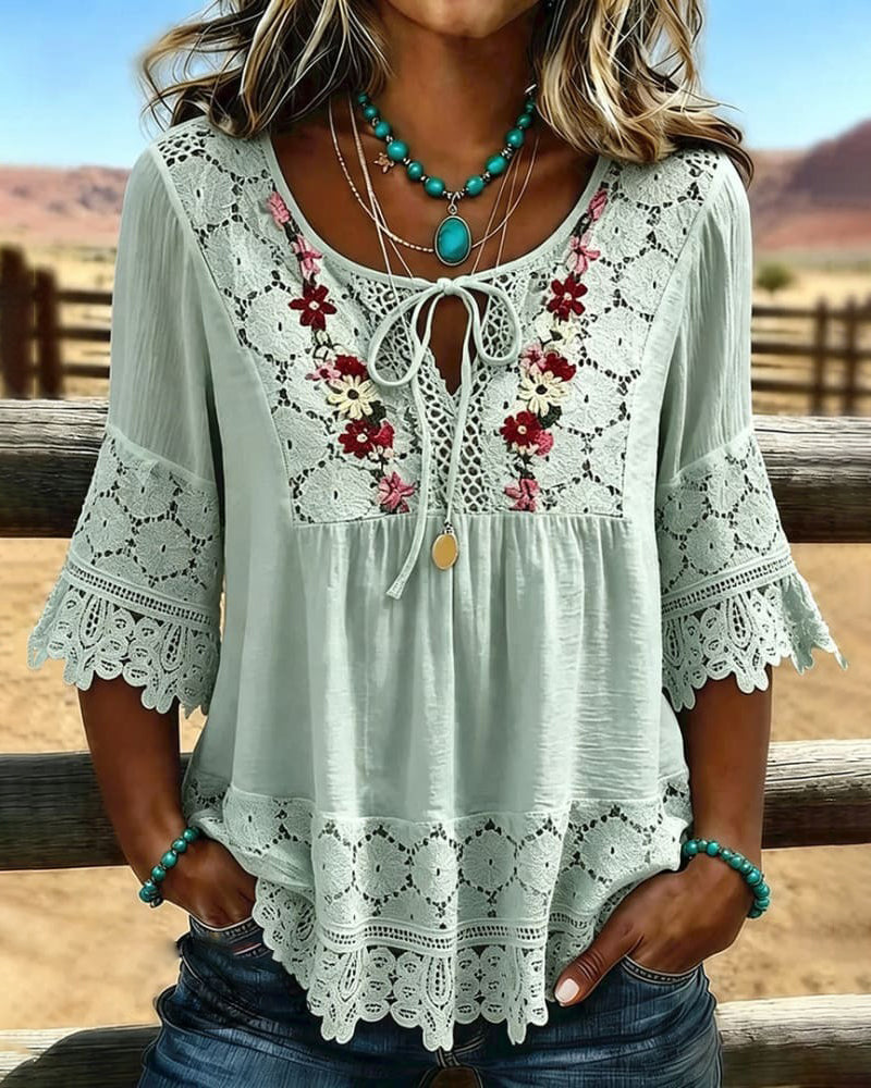 Blouse Attache Panneau Dentelle Décontractée