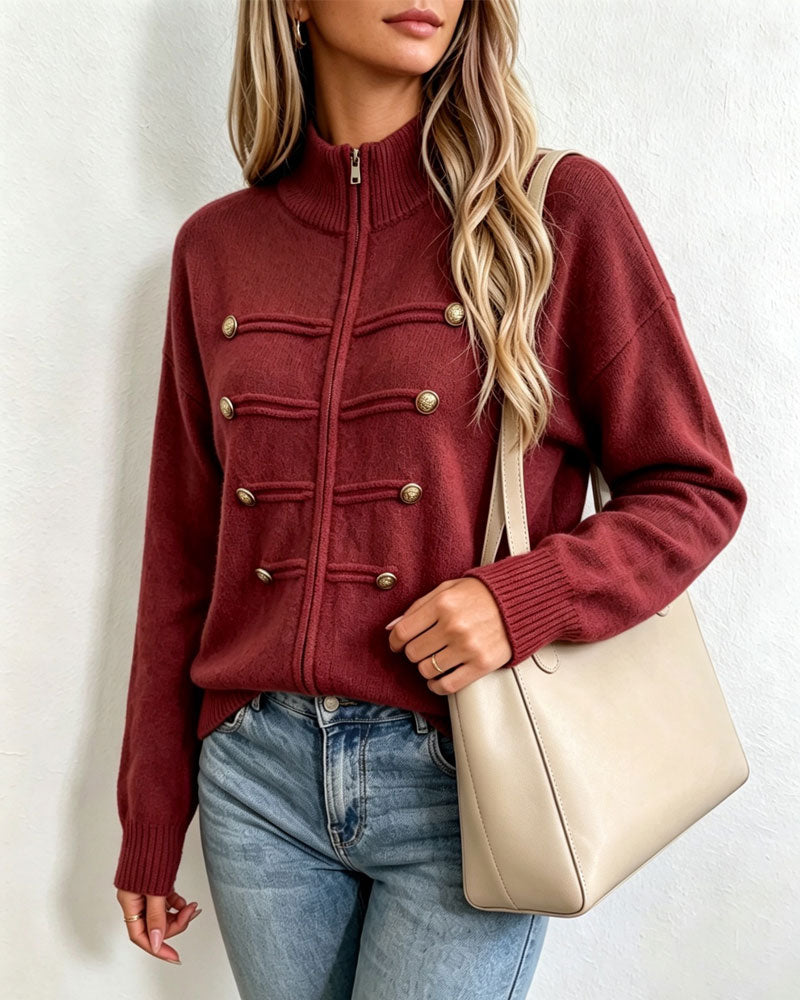 Cardigan Col Mandarin Mode Fermeture Éclair Tricoté
