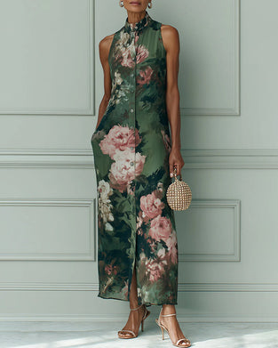 Robe Sans Manches Florale Col Montant Chemise