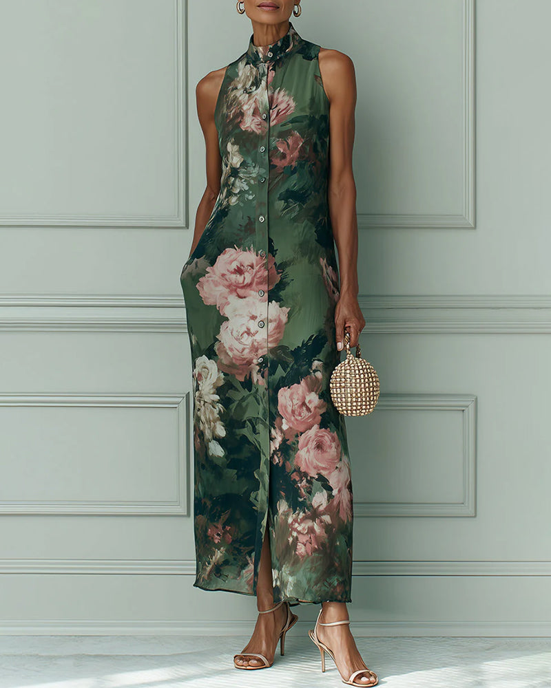 Robe Sans Manches Florale Col Montant Chemise