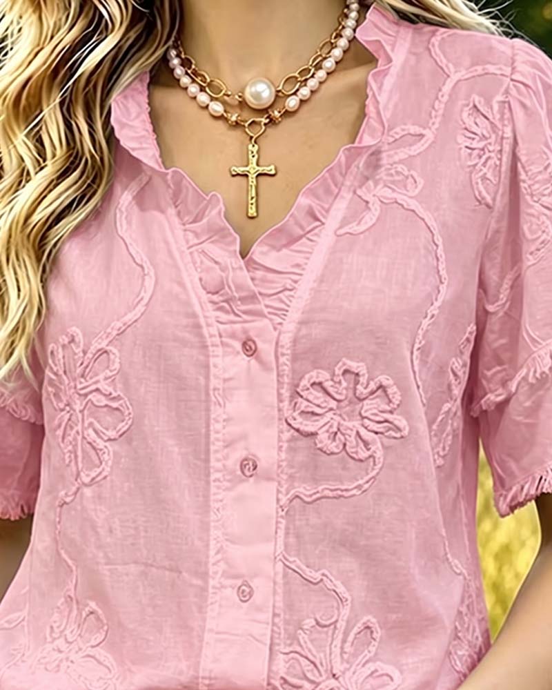 Blouse Ourlet Frangé Manches Bouffantes