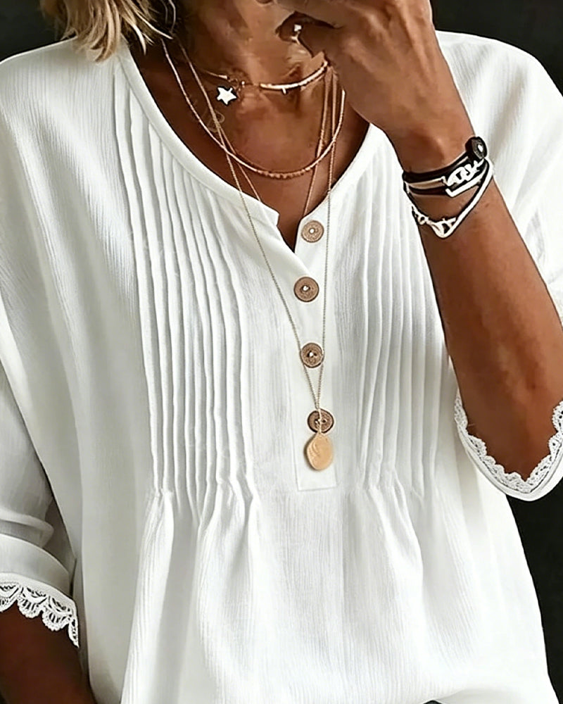 Blouse Plissée Bouton Bordure Dentelle