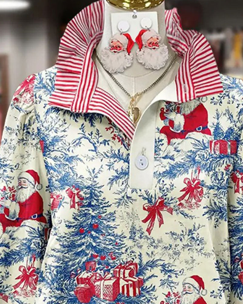 Chemise Revers Bouton Rayée Style Noël