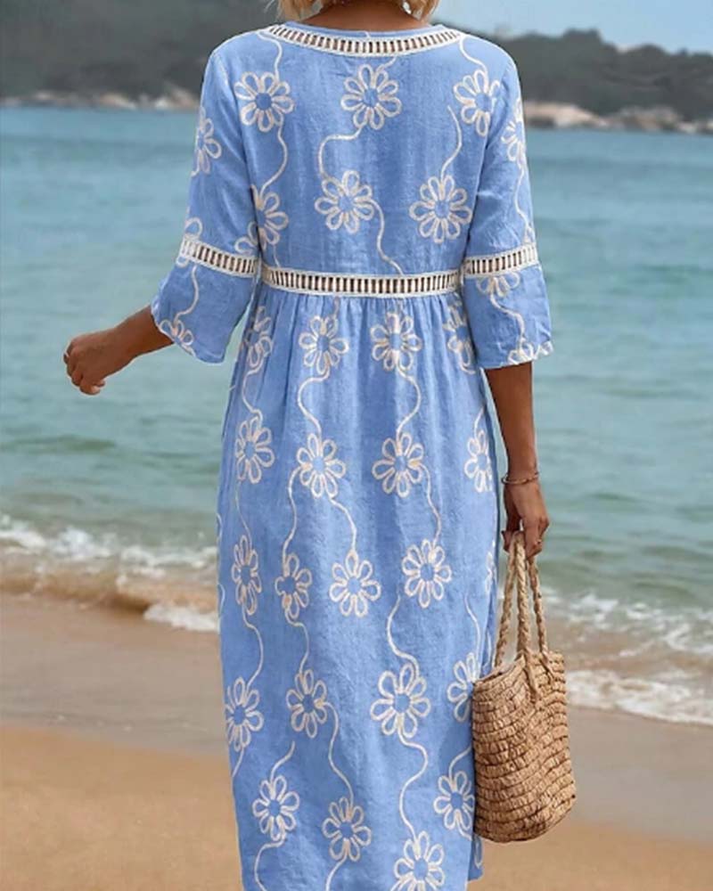 Robe Col En V Évidé Patchwork Fleuri Lâche