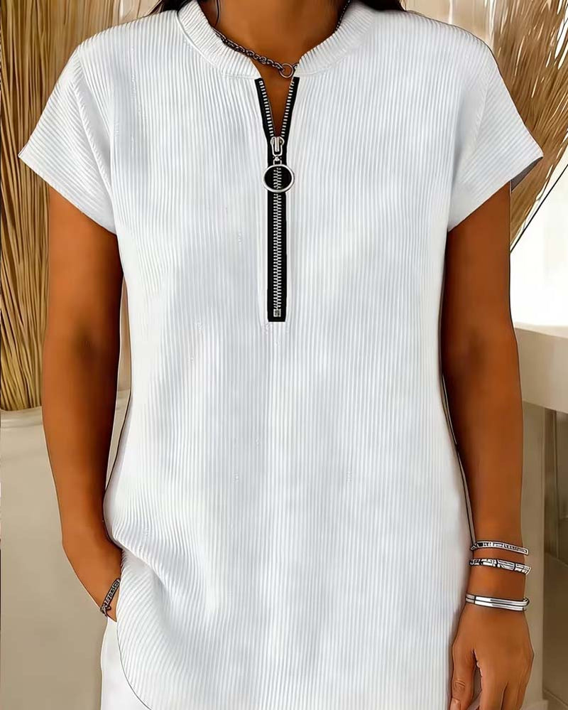 Blouse Unie Manche Courte Fermeture Éclair