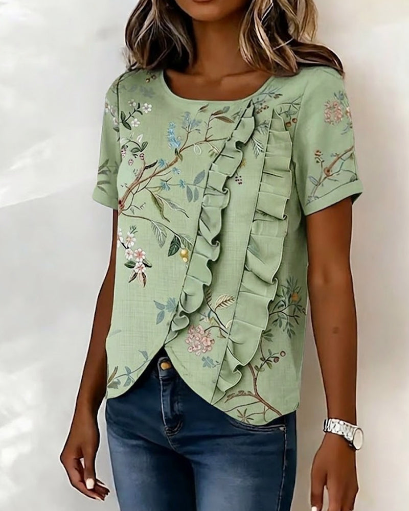 Blouse Col Rond Manches Courtes Volantée Florale
