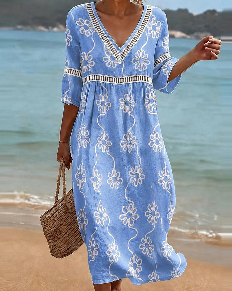 Robes Col V Découpe Patchwork Floral Ample