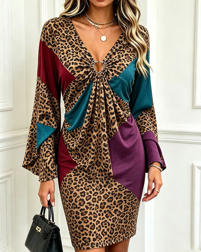 Robe Col En V Bouton Métallique Imprimé Léopard Couleur Contrastante