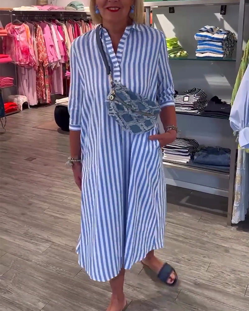 Robe boutonnée à revers et imprimé rayé