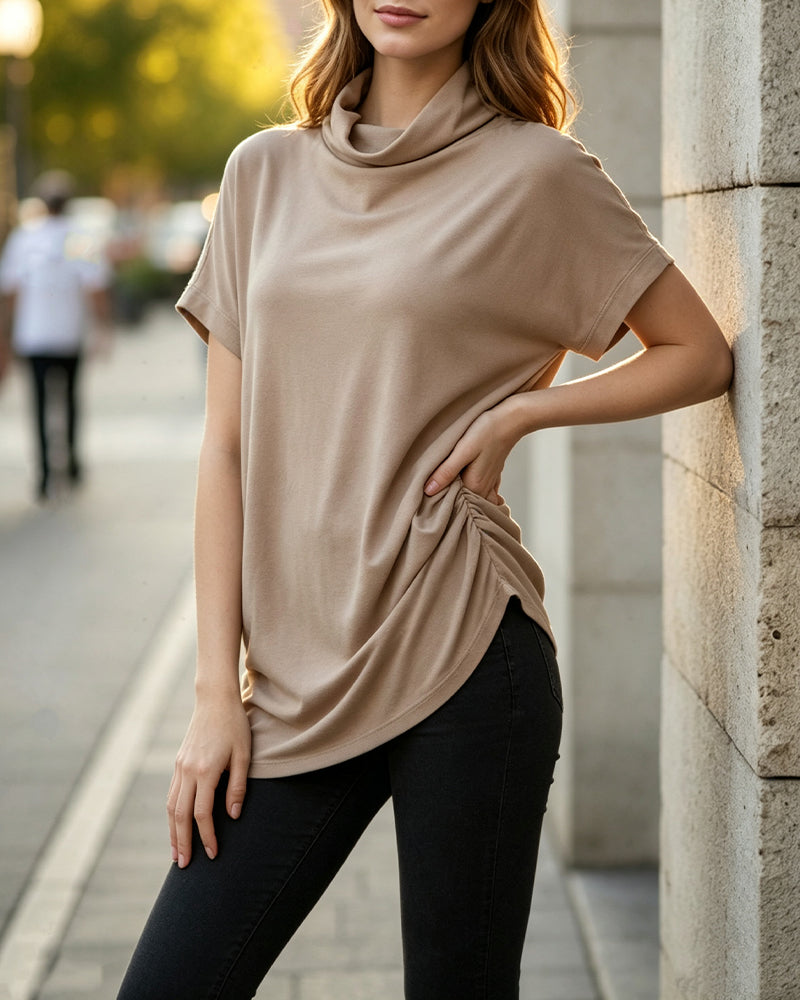 Blouse Col Mock Manches Courtes Côté Froncé