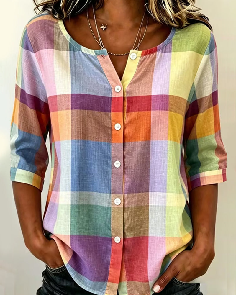 Blouse Colorée À Carreaux Bouton Devant Décontractée