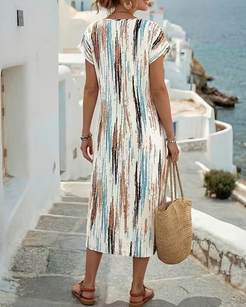 Robe Col Rond Rayure Verticale Imprimé