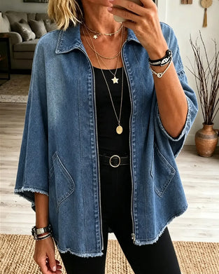 Manteau Revers Fermeture Éclair Frange Denim