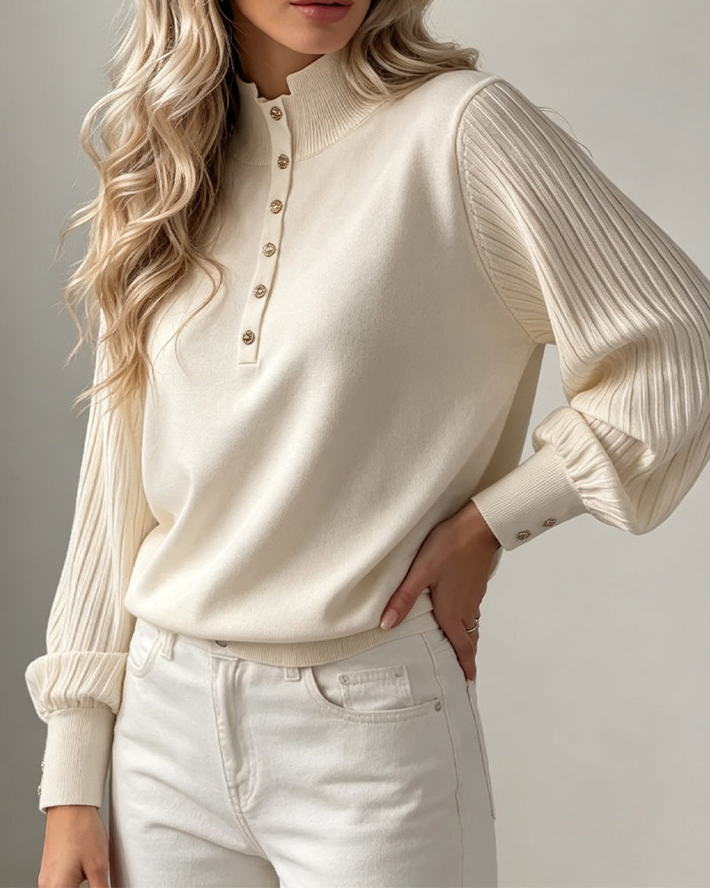 Pullover Col Roulé Bouton Côtelé Manches Bouffantes Pull